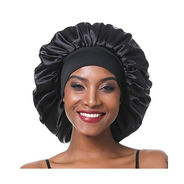SENGTERM Bonnet de Nuit en Satin élastique à Large bande pour Femme,Cheveux Longs, Cheveux Bouclés L, black 