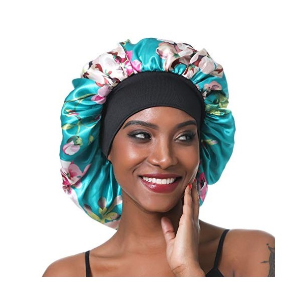 SENGTERM Bonnet de Nuit en Satin élastique à Large bande pour Femme,Cheveux Longs, Cheveux Bouclés L, black 