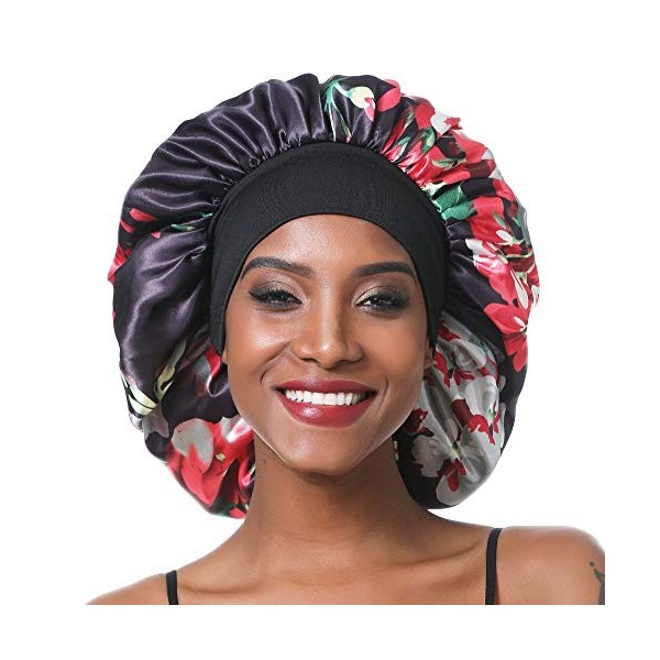 SENGTERM Bonnet de Nuit en Satin élastique à Large bande pour Femme,Cheveux Longs, Cheveux Bouclés L, black 