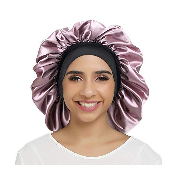 SENGTERM Bonnet de Nuit en Satin élastique à Large bande pour Femme,Cheveux Longs, Cheveux Bouclés L, black 