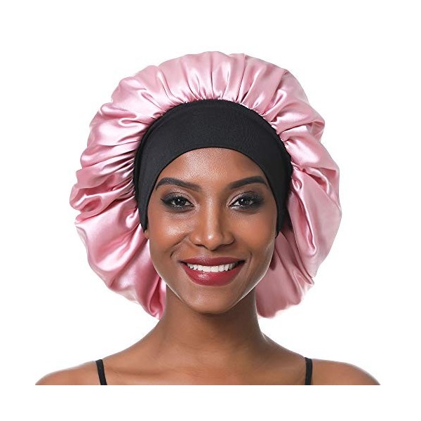 SENGTERM Bonnet de Nuit en Satin élastique à Large bande pour Femme,Cheveux Longs, Cheveux Bouclés L, black 