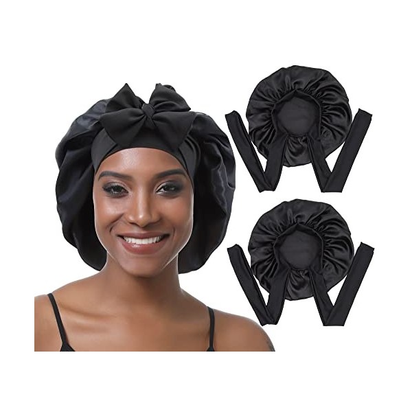 EBONNT 2Pcs Bonnet Satin Cheveux Nuit Bonnet en Soie pour Femmes Cheveux naturels Taille de tête Ajustable Bonnet de Nuit pou