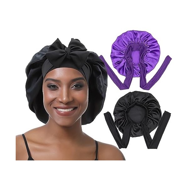 EBONNT 2Pcs Bonnet Satin Cheveux Nuit Bonnet en Soie pour Femmes Cheveux naturels Taille de tête Ajustable Bonnet de Nuit pou