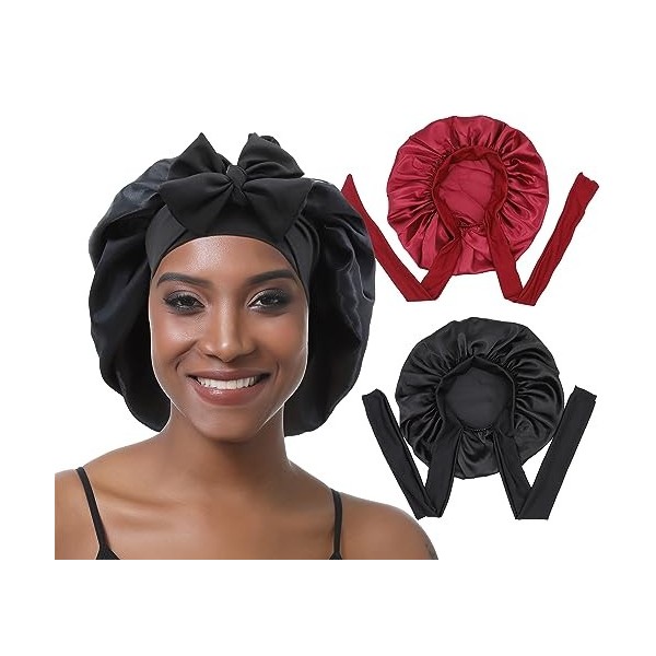 EBONNT 2Pcs Bonnet Satin Cheveux Nuit Bonnet en Soie pour Femmes Cheveux naturels Taille de tête Ajustable Bonnet de Nuit pou