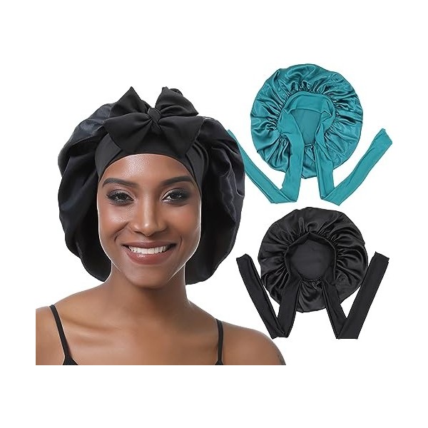 EBONNT 2Pcs Bonnet Satin Cheveux Nuit Bonnet en Soie pour Femmes Cheveux naturels Taille de tête Ajustable Bonnet de Nuit pou