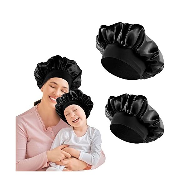 Bonnet de Nuit en Satin pour Enfants, 2 Pièces Satin Bonnet de Sommeil  Elastique a Large Bande pour Dormir Bonnet Chapeau Soin des Cheveux pour