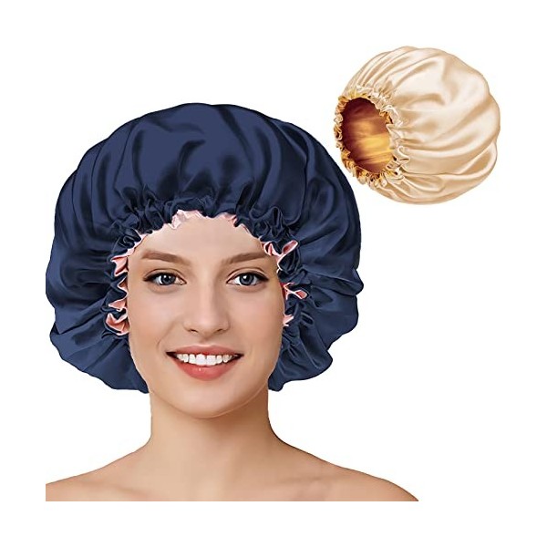 Kolroo Bonnet Satin Cheveux Nuit，2PCS Réglable Bonnet Soie Cheveux Nuit-Ajustable Grand Bonnet en Satin pour Cheveux Nuit-Bon