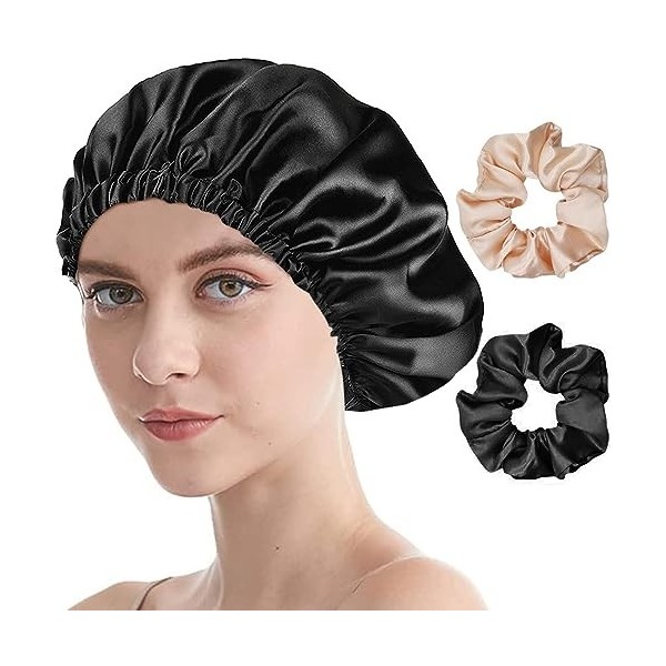 1 Pcs Bonnet de Nuit Satin, Chapeau Sommeil Élastique Réutilisable Capuchon pour Soin des Cheveux Femme Adapté Cheveux Longs,