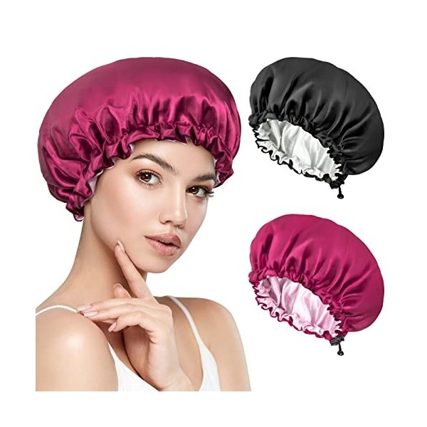 2 Pièces Bonnet Satin Cheveux Nuit, Bonnet de Sommeil Réglable avec Cordon, Couche Double Bonnet en Soie Bonnet de Douche pou