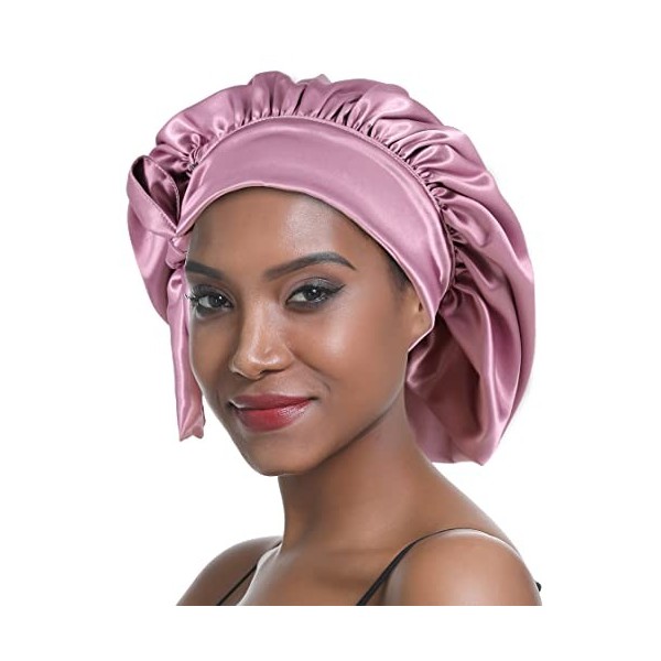 SENGTERM Bonnet de Nuit en Soie Femme aux Cheveux Bonnet en Satin Bonnet de Nuit Large Bande Soyeuse élastique à Double Couch