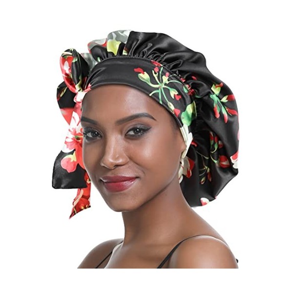 SENGTERM Bonnet de Nuit en Soie Femme aux Cheveux Bonnet en Satin Bonnet de Nuit Large Bande Soyeuse élastique à Double Couch