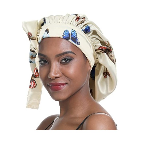 SENGTERM Bonnet de Nuit en Soie Femme aux Cheveux Bonnet en Satin Bonnet de Nuit Large Bande Soyeuse élastique à Double Couch