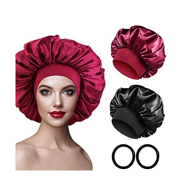 2 Pcs Bonnet Satin Cheveux Nuit avec 2 Élastiques Cheveux, Texturé de Soie, Bonnet de Nuit Femme pour Protection Courts Longs