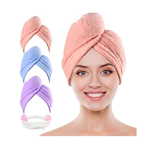 atopo 3 Pcs Serviette Cheveux, Microfibre Serviette pour Cheveux, Serviette Turban, Super Absorbant Cheveux Secs Cap avec Bou