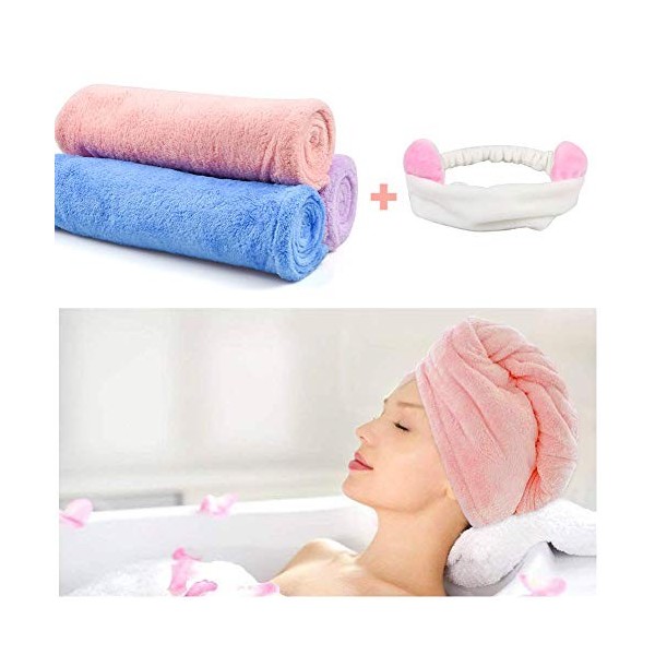 atopo 3 Pcs Serviette Cheveux, Microfibre Serviette pour Cheveux, Serviette Turban, Super Absorbant Cheveux Secs Cap avec Bou