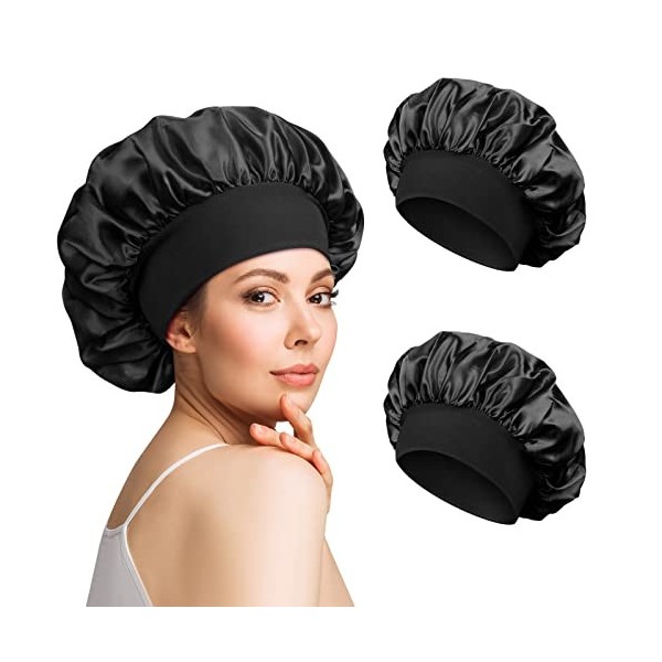 2 Pièces Bonnet Satin Cheveux Nuit, Bonnet De Nuit Satin, Bonnet Soie Cheveux Nuit Bonnet Cheveux Nuit pour Femmes Noir 