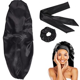 FRCOLOR Bonnet en Satin Extra Long Bonnet de Nuit avec Bande Élastique Douce Bonnet de Couchage avec Chouchous en Satin pour 