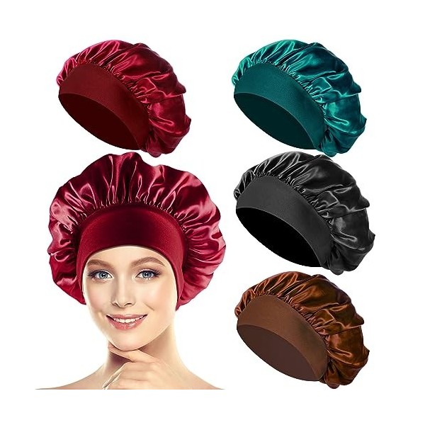 4pcs Bonnet Satin Cheveux Nuit, Bonnet Soie Cheveux Nuit Bonnet de Nuit Satin Bonnet en Satin Femme Élastique Protection Chev