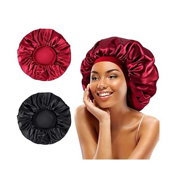 SunAurora Lot de 2 bonnets de sommeil en satin de soie de nuit réglables avec élastique pour femme et fille