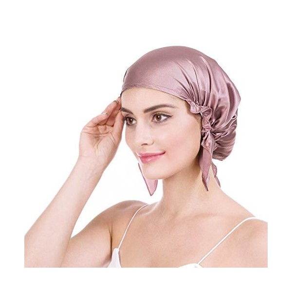 Emmet Bonnet de nuit 100 % soie de mûrier douce 19 momme pour perte de cheveux pour femme, avec ruban élastique réglable - Bl