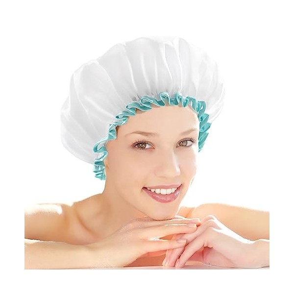 mikimini Bonnets de douche extra larges pour cheveux longs - Lot de 1 bonnet blanc imperméable et résistant à la moisissure, 