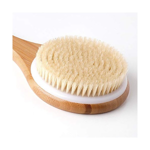 Ithyes Brosse pour le corps - Brosse à dos à sec - Brosse de bain en bois de bambou - Poils naturels - Massage exfoliant - Am