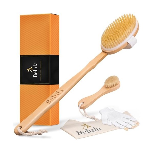 Belula Premium Dry Brushing Body Brush Set - Brossage a sec en poils de sanglier naturels, brosse pour le visage exfoliante &