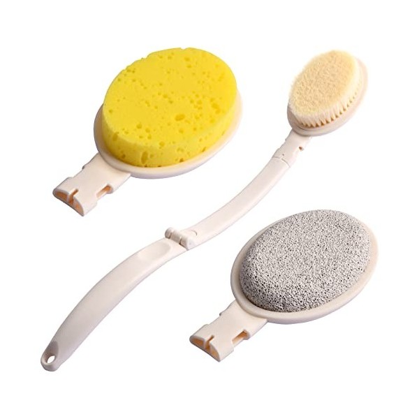 Pinsheng Ensemble de Brosses de Bain 3 en 1, Brosse de Douche Pliable avec Longue Poignée, Brosse de Bain avec 3 Têtes Rempla