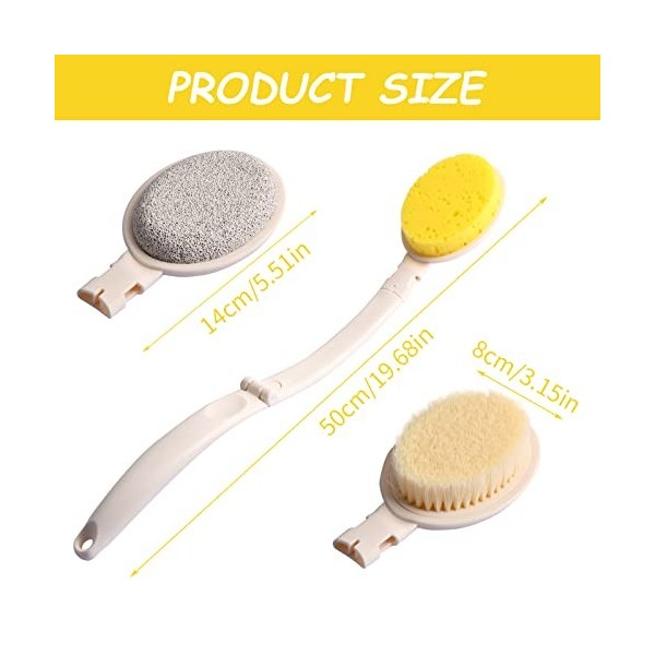 Pinsheng Ensemble de Brosses de Bain 3 en 1, Brosse de Douche Pliable avec Longue Poignée, Brosse de Bain avec 3 Têtes Rempla