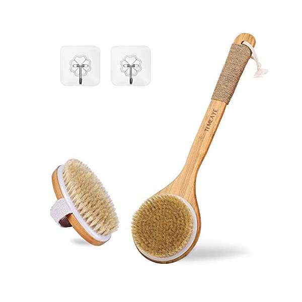 Brosse de bain pour le corps pour le brossage à sec ou humide, lot de 2 avec 2 crochets muraux, poils naturels, brosse pour l