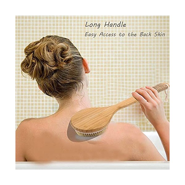 Brosse de bain pour le corps pour le brossage à sec ou humide, lot de 2 avec 2 crochets muraux, poils naturels, brosse pour l