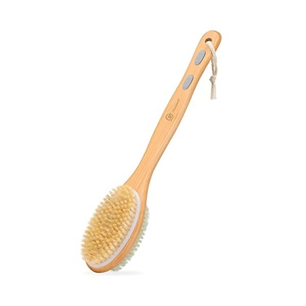 FREATECH Brosse Dos Douche avec Long Manche en Bois Nettoie Facilement Corps, Brosse Corps 2 Côtés avec Poils Naturels Durs e