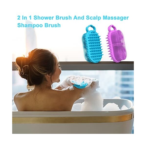 Bathwe Lot de 2 brosses à récurer en silicone 2 en 1 pour la douche et le shampooing du cuir chevelu sec et humide, accessoir