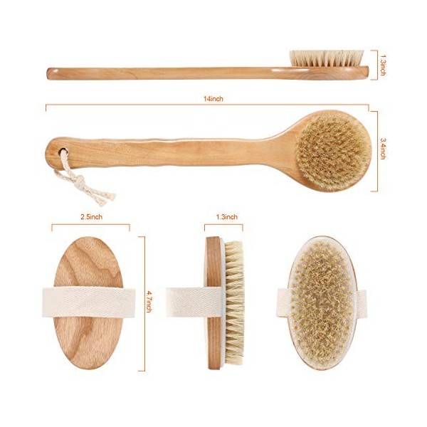 AMAKE Lot de 2 brosses sèches pour le corps, manche long en bambou pour salle de bain, douche, crinière naturelle, sébum et c