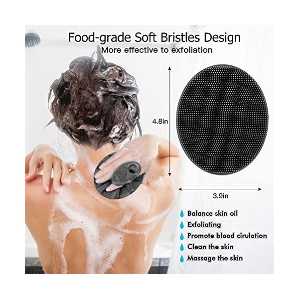 Brosse de douche en silicone doux pour le corps - Exfoliante douce et massage pour tous les types de peau noir + gris 