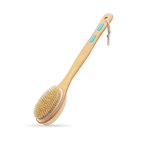 Hience Brosse Douche à Long Manche en Bois pour Dos, Exfoliant pour Corps, Tête de Brosse 2 Côtés avec Poils Doux et Rigides 