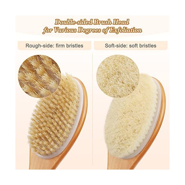 Hience Brosse Douche à Long Manche en Bois pour Dos, Exfoliant pour Corps, Tête de Brosse 2 Côtés avec Poils Doux et Rigides 