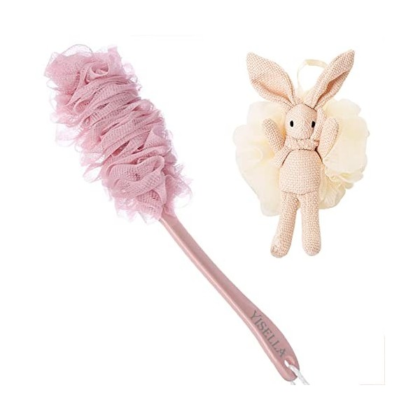 Yisella Lot de 2 brosses de douche exfoliantes à long manche + éponge luffa lapin blanc