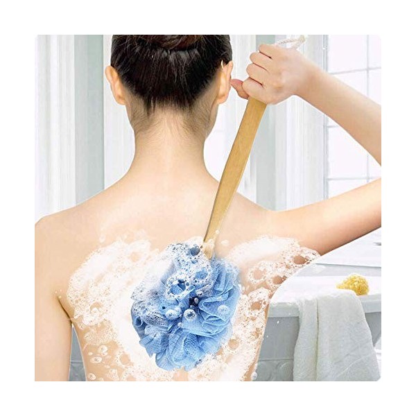 Pineker Brosse de bain en bois à manche long avec filet en loofah pour exfoliation de la peau, éponge de dos pour homme et fe