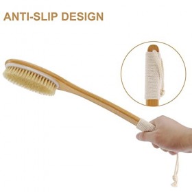 SAUNNIHEN Brosse de Douche, Brosse à dos Long Manche Brosse de Bain en Bambou Poils Naturels Brosse pour le Dos Corps, Brosse