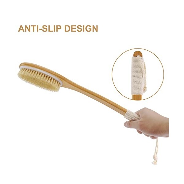 SAUNNIHEN Brosse de Douche, Brosse à dos Long Manche Brosse de Bain en Bambou Poils Naturels Brosse pour le Dos Corps, Brosse