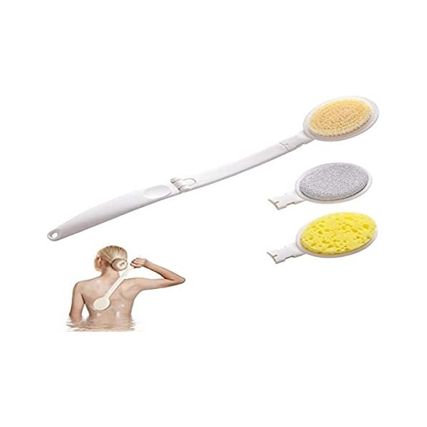 Applicateur crème dos,éponge en luffa et poils de brosse,Applicateur Creme dos pliable à long manche,Brosse arrière à Manche 