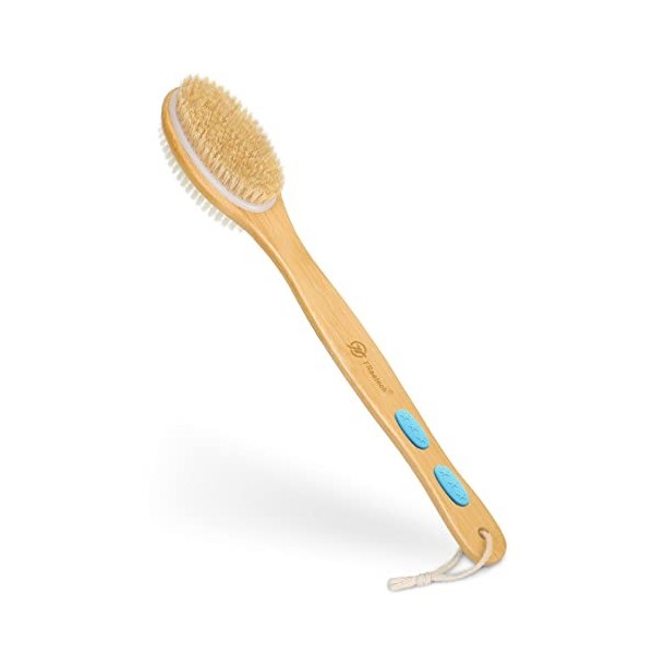 FREATECH Brosse Dos Douche à Long Manche en Bambou, Brosse de Bain Exfoliante 2 Côtés avec Poils Naturels Rigides et Poils Ny