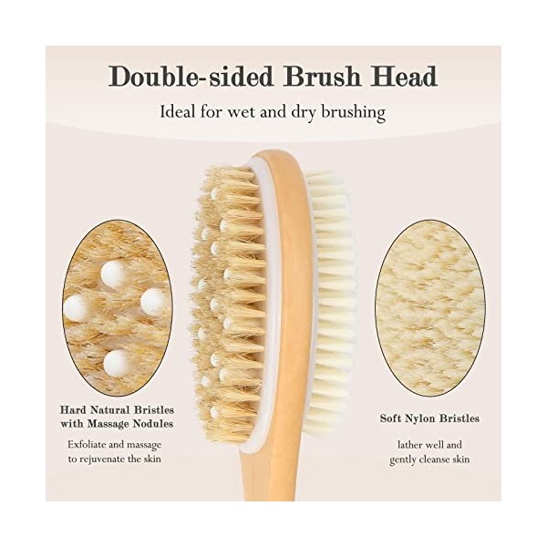 FREATECH Brosse Dos Douche à Manche Long, Laveur de Dos avec Nodules de Massage, Brosse de Bain Exfoliante 2 Côtés avec Poils