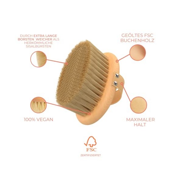 WLDOHO® Brosse pour le corps en poils 100 % naturels durs I Brosse sèche en bois de hêtre certifié & fibres de sisal végétale