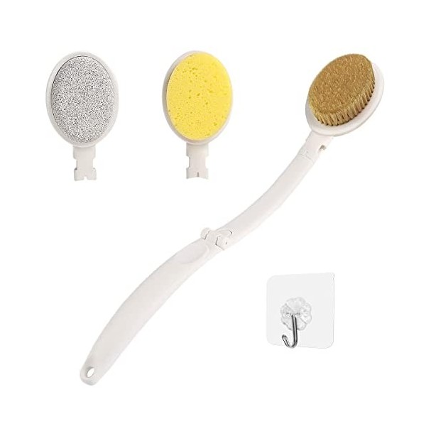 LFJ Brosse de Bain, Brosse Dos Douche Long Manche 3 en 1 Éponge Pierre Ponce Laveur de Corps Poils Raides Massage Exfoliant B