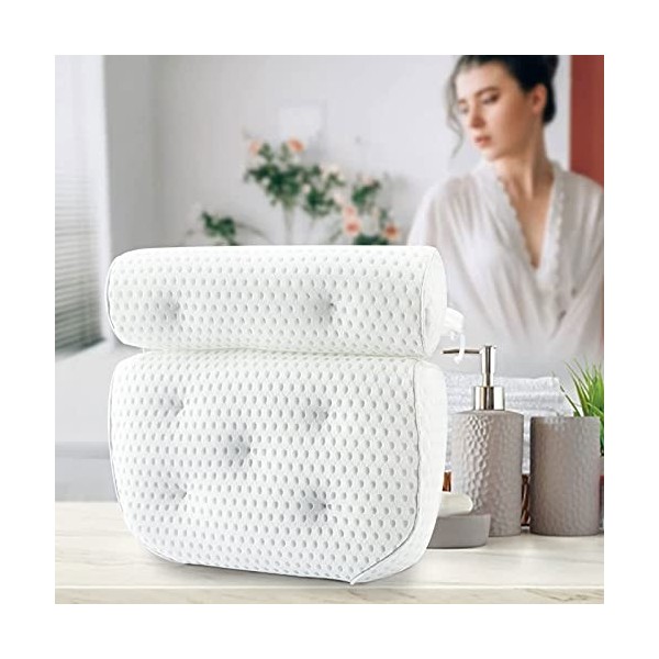 MAISITOO Coussin de Bain Oreiller de Baignoir 4D avec 7 Ventouses Antidérapant Oreiller De Baignoire Air Mesh,Coussin de Spa,