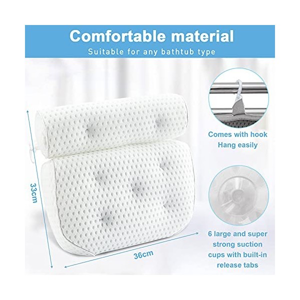 MAISITOO Coussin de Bain Oreiller de Baignoir 4D avec 7 Ventouses Antidérapant Oreiller De Baignoire Air Mesh,Coussin de Spa,