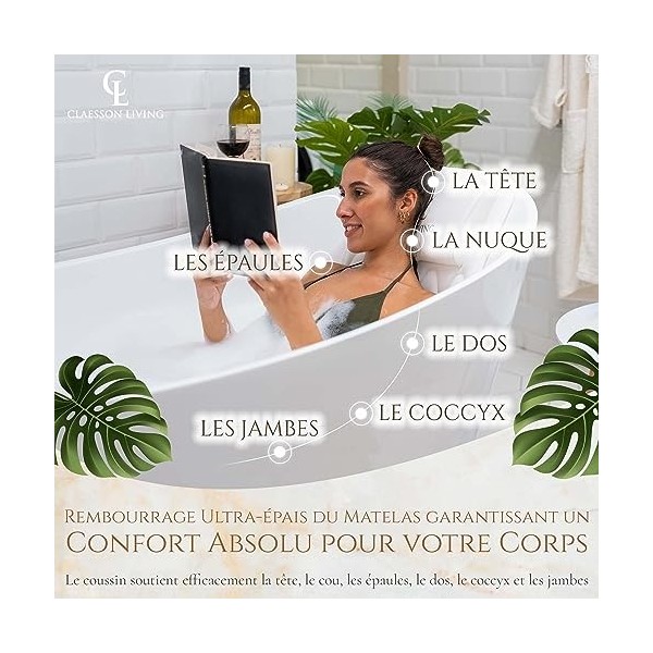 Coussin Baignoire Corps Complet Claessonliving 125x43cm - Matelas de Bain avec appuie-tête et Supports pour Le Corps - Cous