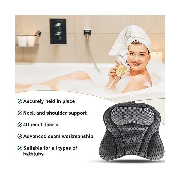 Lnvocn Coussin Baignoire, Oreiller de Baignoire 4d Coussin de Bain Air Mesh avec 6 Ventouses Antidérapant et Puissantes Oreil